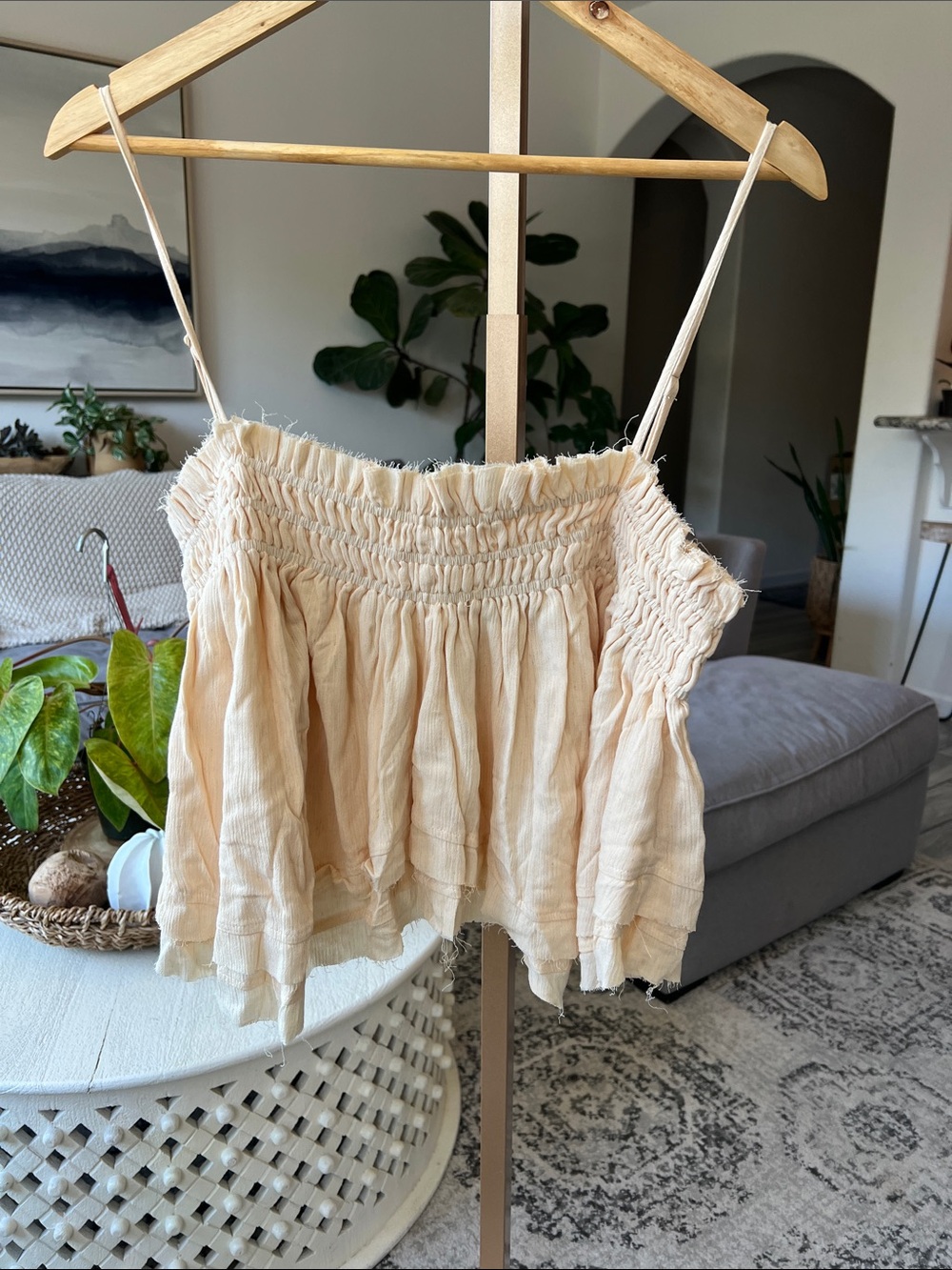 VICI Cream Smocked Ruffle Cami Top